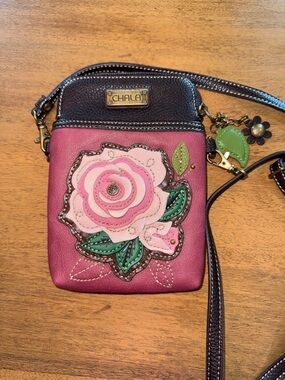 Chala Pink Floral Applique Crossbody with Green Leaf Accents